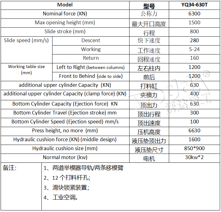 630吨框架式液压机参数