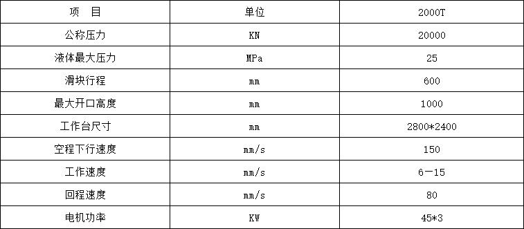 2000吨框架液压机参数